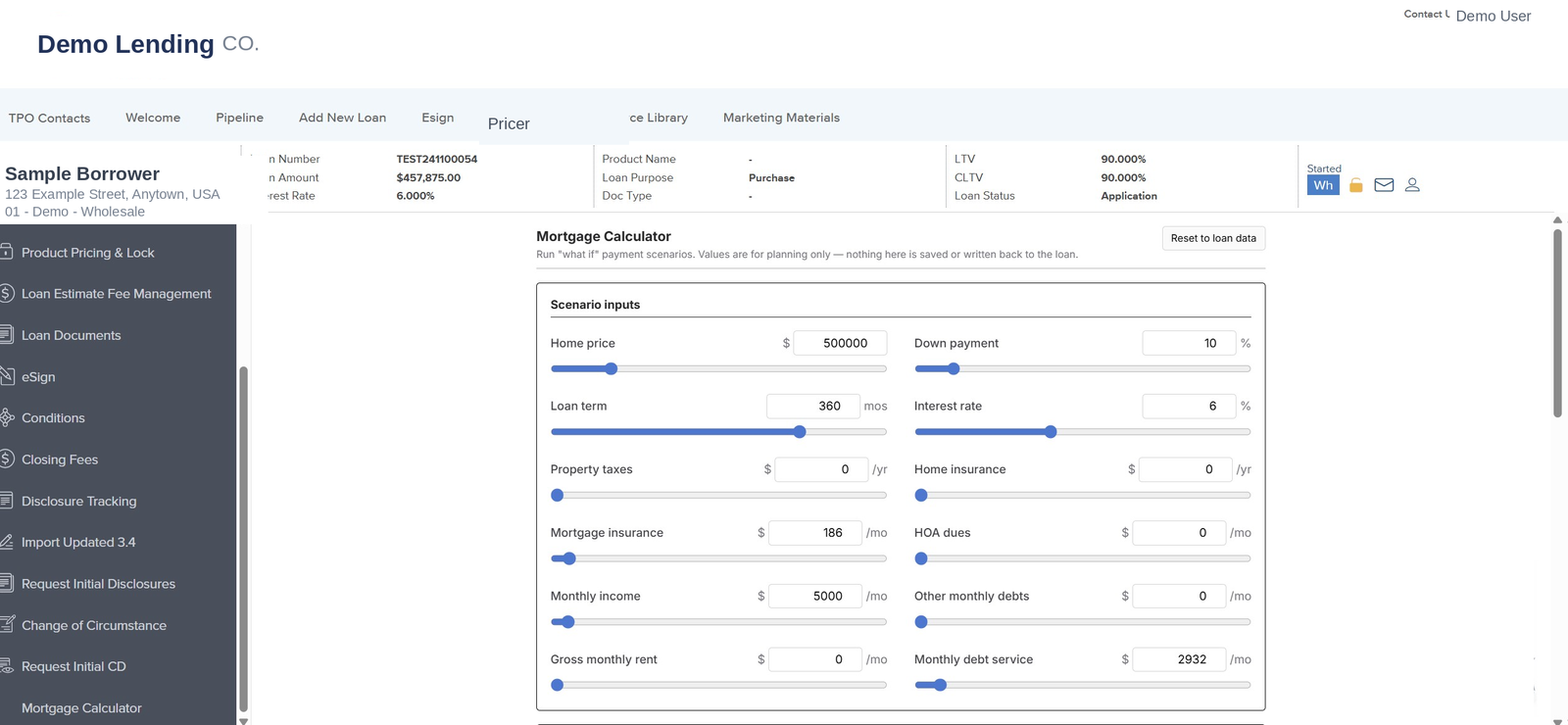 TPO Panel mortgage calculator reading live Encompass loan data inside TPO Connect